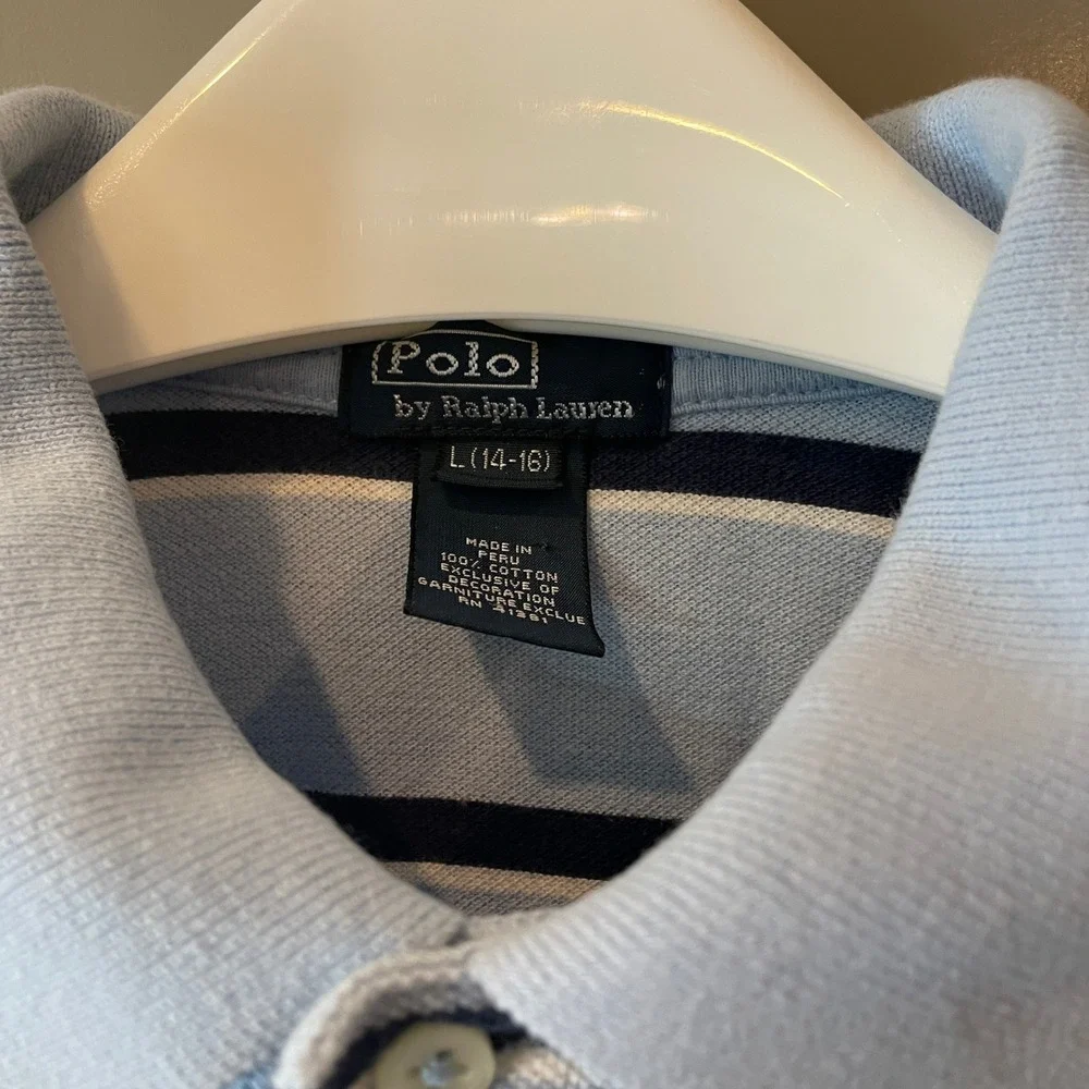 Polo Ralph Lauren Boys Light Blue Navy Striped Polo Shirt L 14-16 Orange Pony